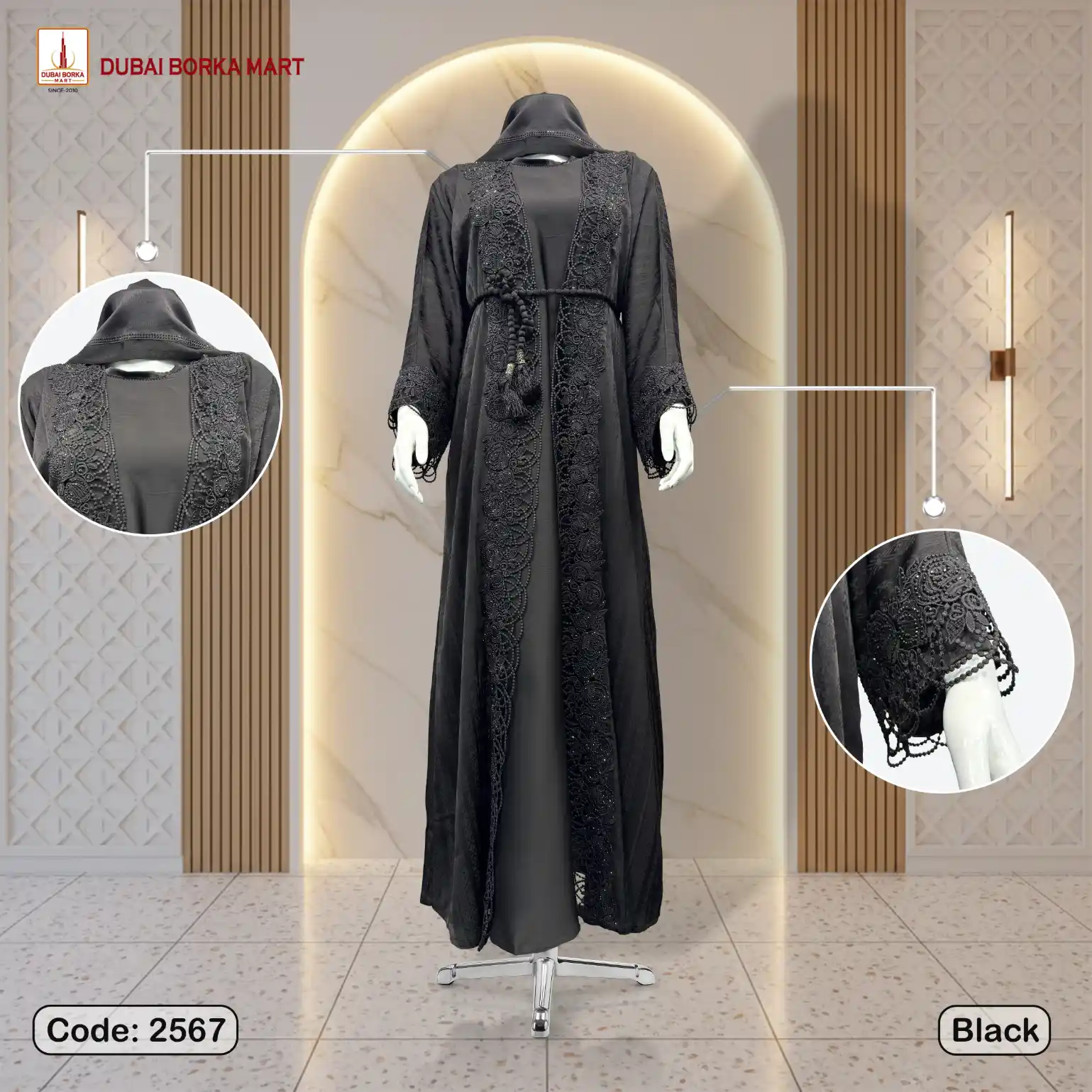 Jackets Fabrics 2 Part Black Borka Design Code 2567 | Dubai Borka Mart