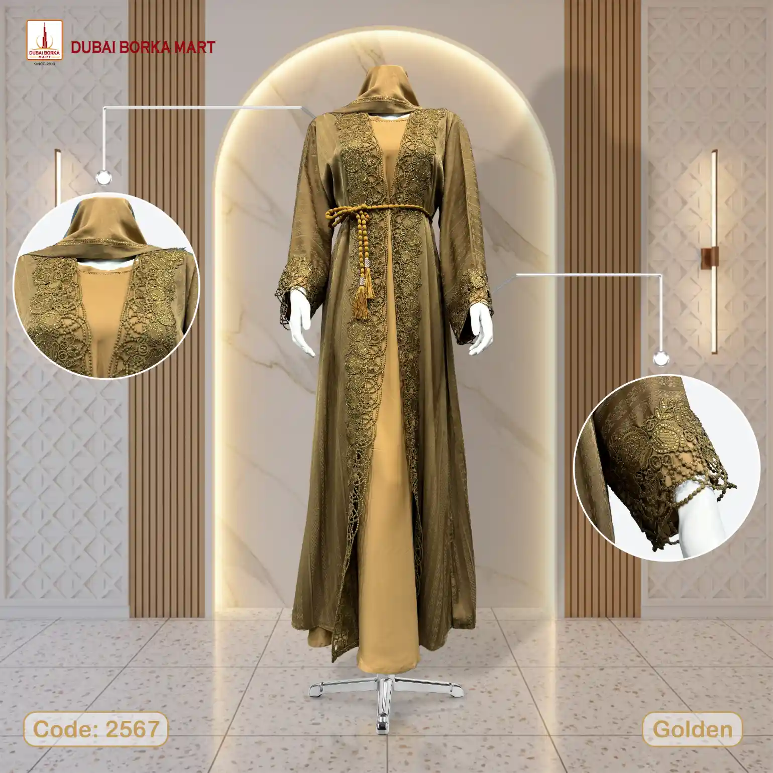 golden borka design with dmc stone code 2567, dubai borka mart